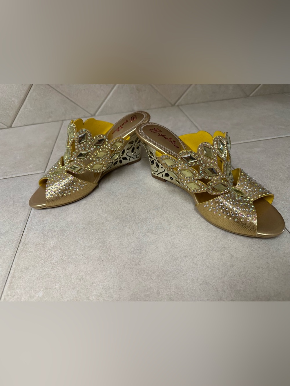 Embellished Gold Wedge Mules with Crystal Leaf Detail (6-6 1/2)
